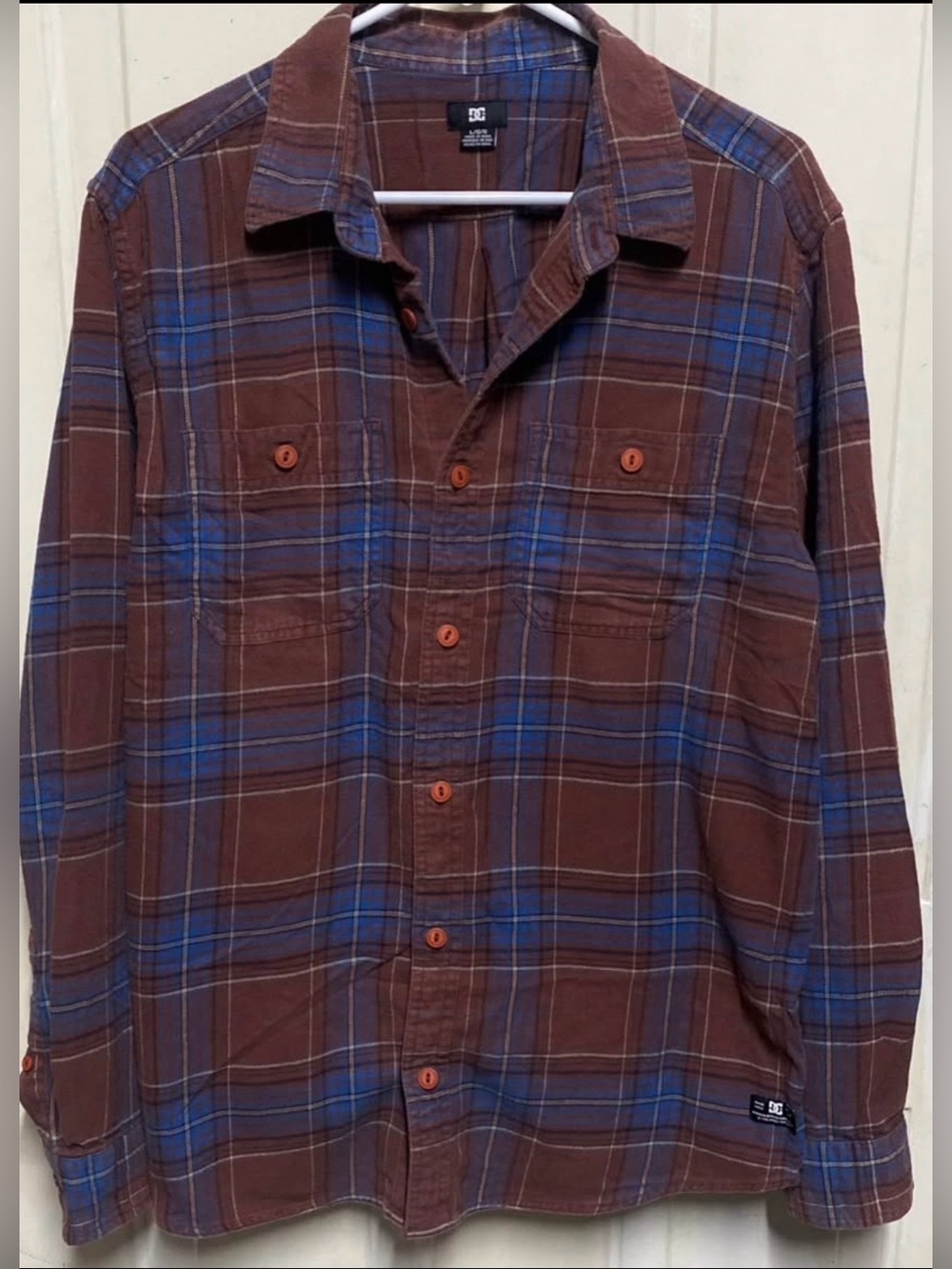 DC Men’s Plaid Flannel Button Front Shirt Brown Blue Size L